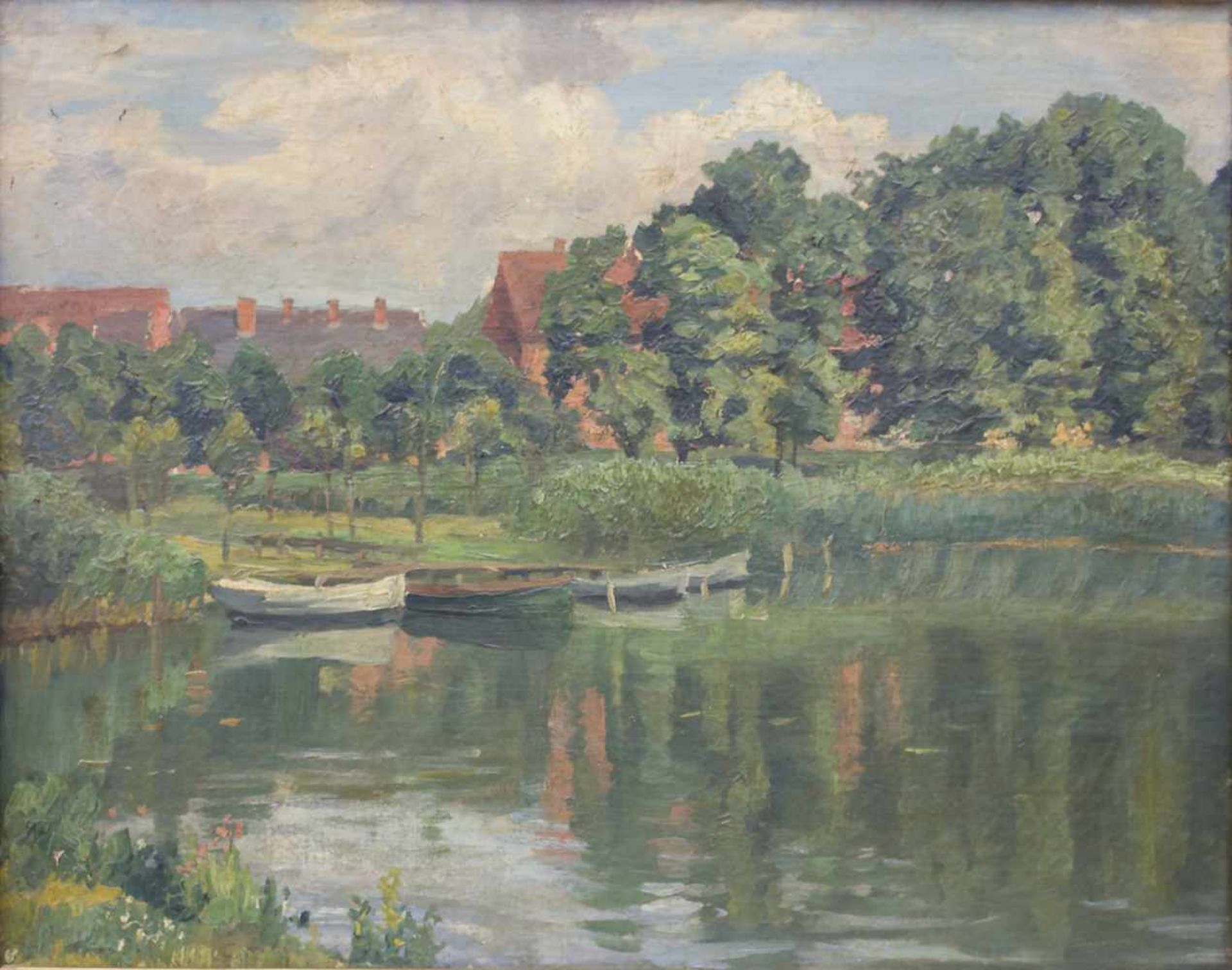 Künstler des 19./20. Jh., 'Flussufer mit Booten und Gebäuden' / 'A riverscape with boats and