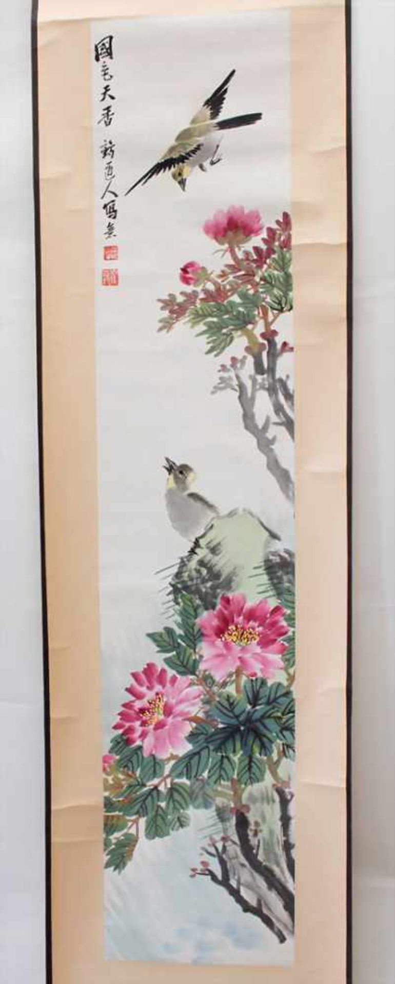 Konvolut 3 Rollbilder 'Vogel-Strauch-Dekor' / A set of 3 scroll paintings, China, um 1900Material: - Bild 3 aus 19