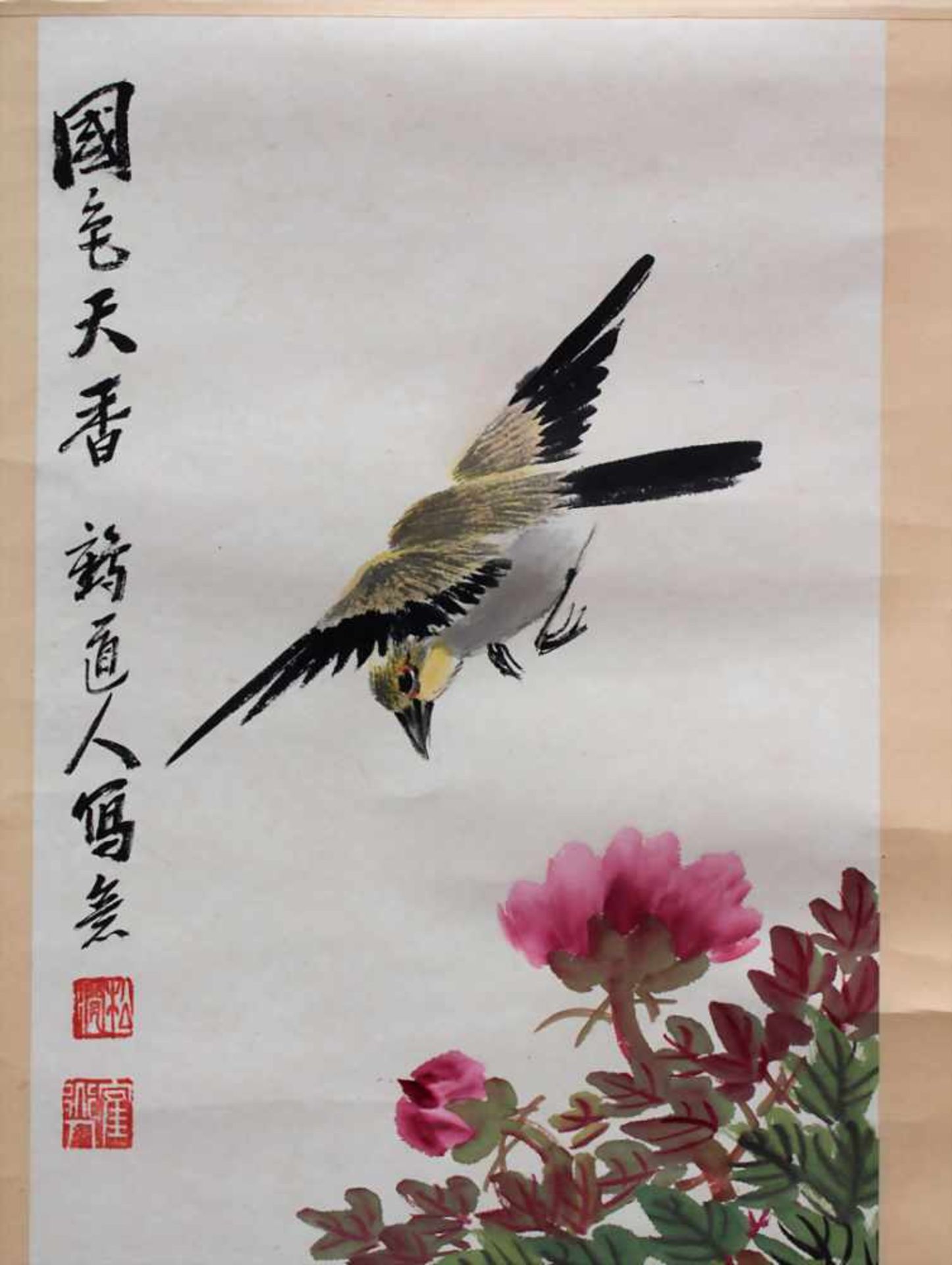 Konvolut 3 Rollbilder 'Vogel-Strauch-Dekor' / A set of 3 scroll paintings, China, um 1900Material: - Bild 4 aus 19