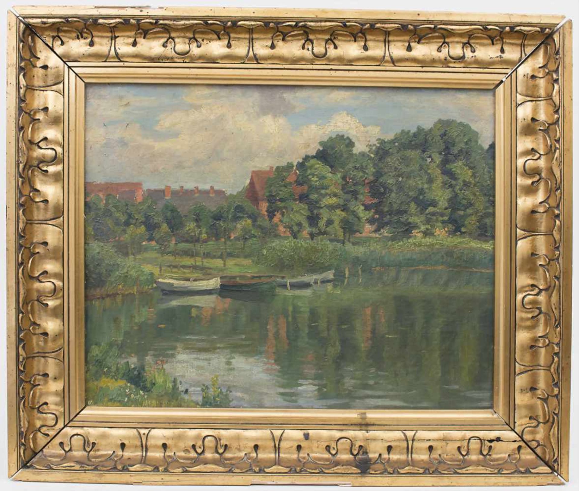 Künstler des 19./20. Jh., 'Flussufer mit Booten und Gebäuden' / 'A riverscape with boats and - Image 2 of 3