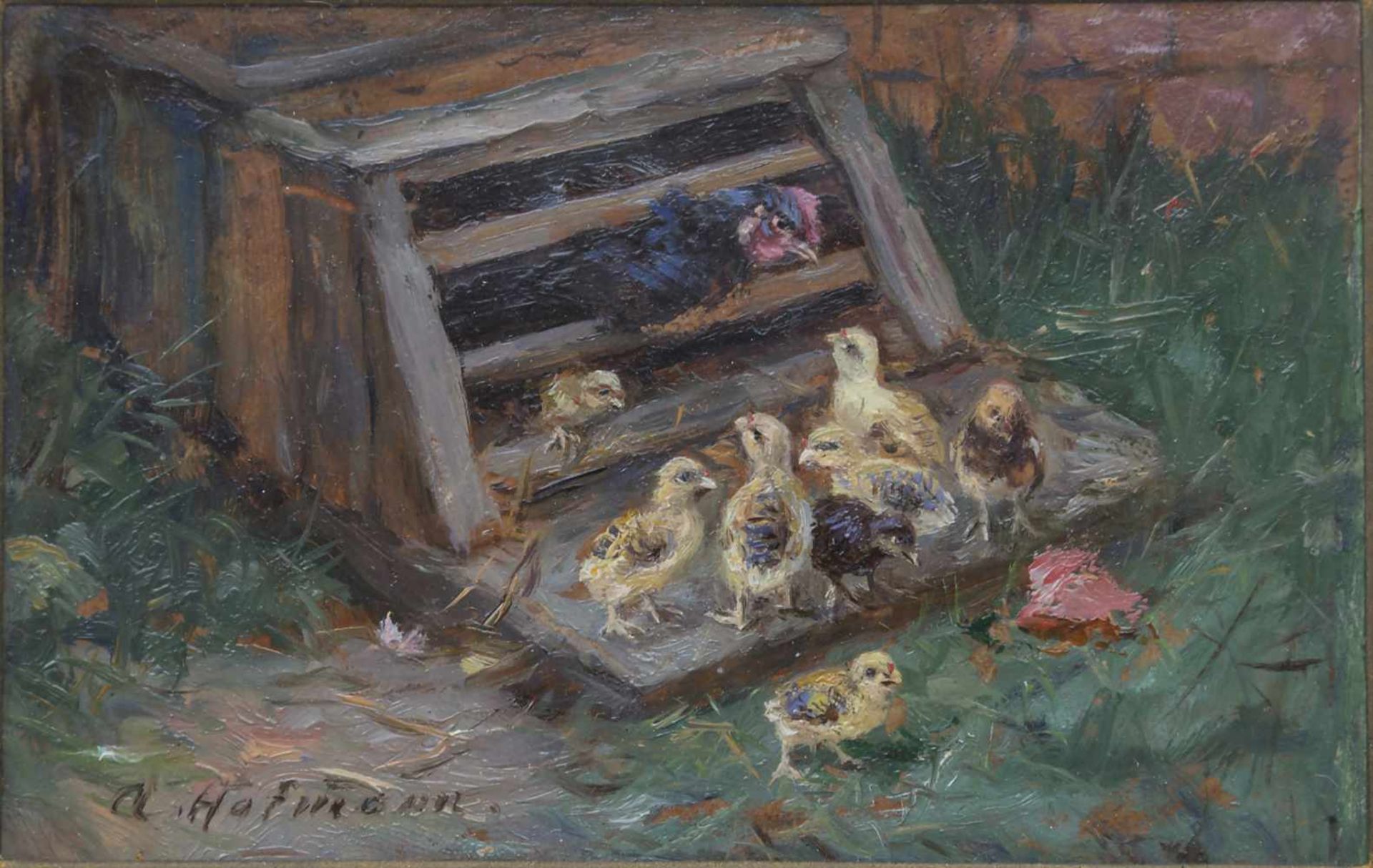 A. Hofmann (19./20. Jh.), 2 Gemälde 'Hühner mit Küken' / 2 paintings 'Chicken and chicks'Technik: Öl - Bild 3 aus 5