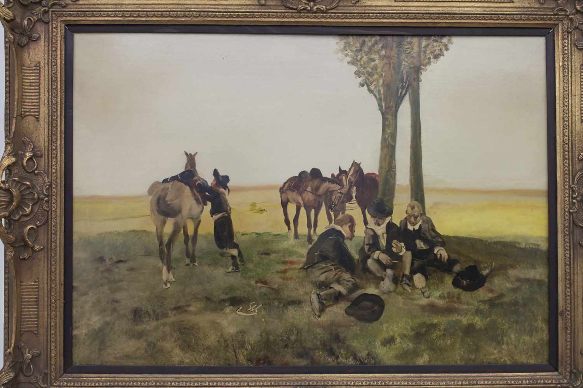 Wilhelm Schreuer (1866-1933), 'Rastende Reiter' / 'Resting horsemen'Technik: Öl auf Holz, gerahmt, - Image 2 of 6