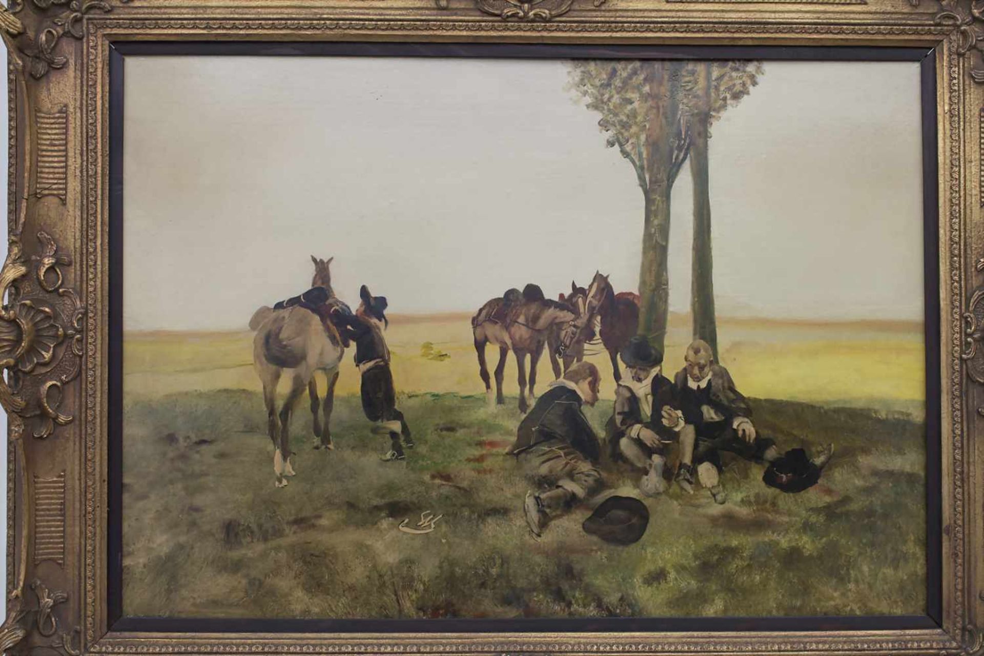 Wilhelm Schreuer (1866-1933), 'Rastende Reiter' / 'Resting horsemen'Technik: Öl auf Holz, gerahmt, - Bild 2 aus 6