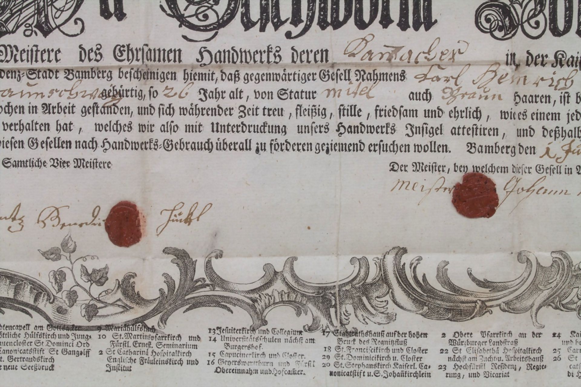 Meisterbrief mit Stadtansicht / master craftsman's diploma, Bamberg, 1773Technik: Kupferstich auf - Image 4 of 4