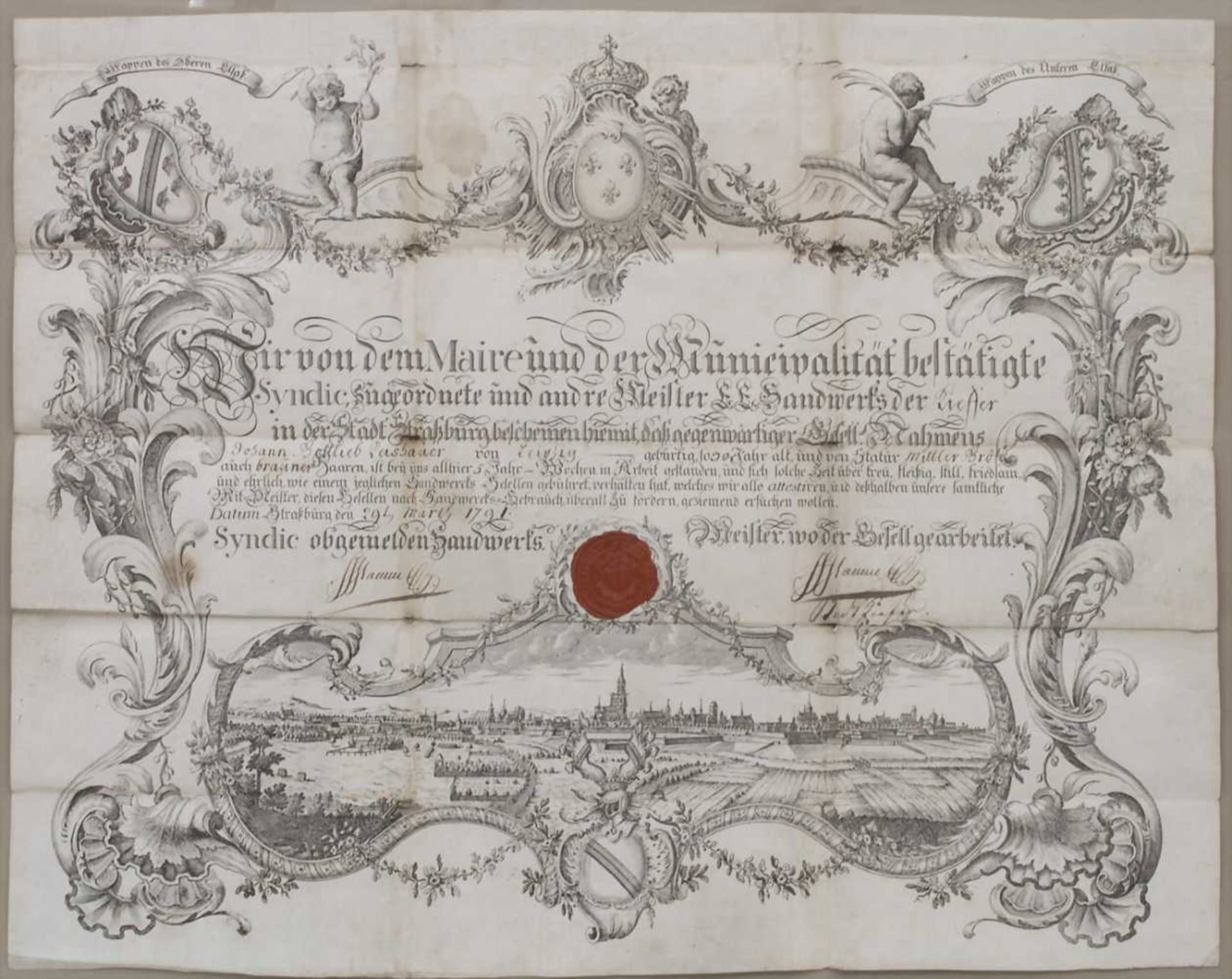 Meisterbrief der Küferzunft / master craftsman's diploma, Straßburg, 1791Technik: Kupferstich auf