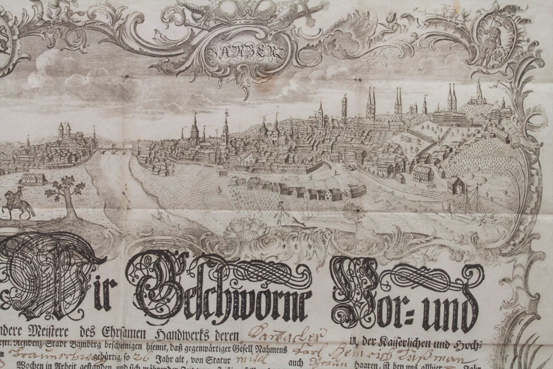 Meisterbrief mit Stadtansicht / master craftsman's diploma, Bamberg, 1773Technik: Kupferstich auf - Image 3 of 4
