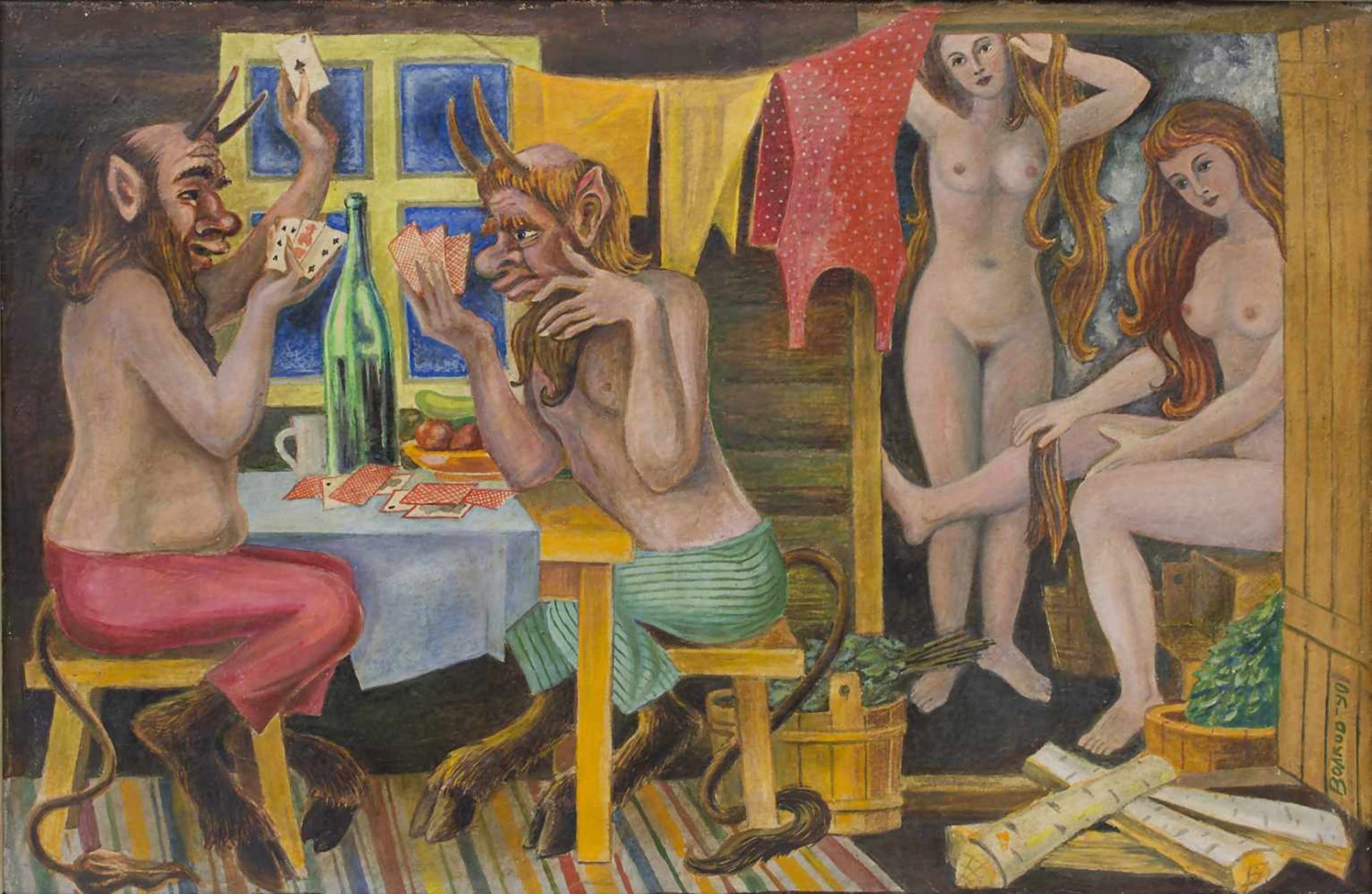 Russischer Maler 'Kartenspielende Faune und weibliche Akte' / Card playing fauns and female nudes'