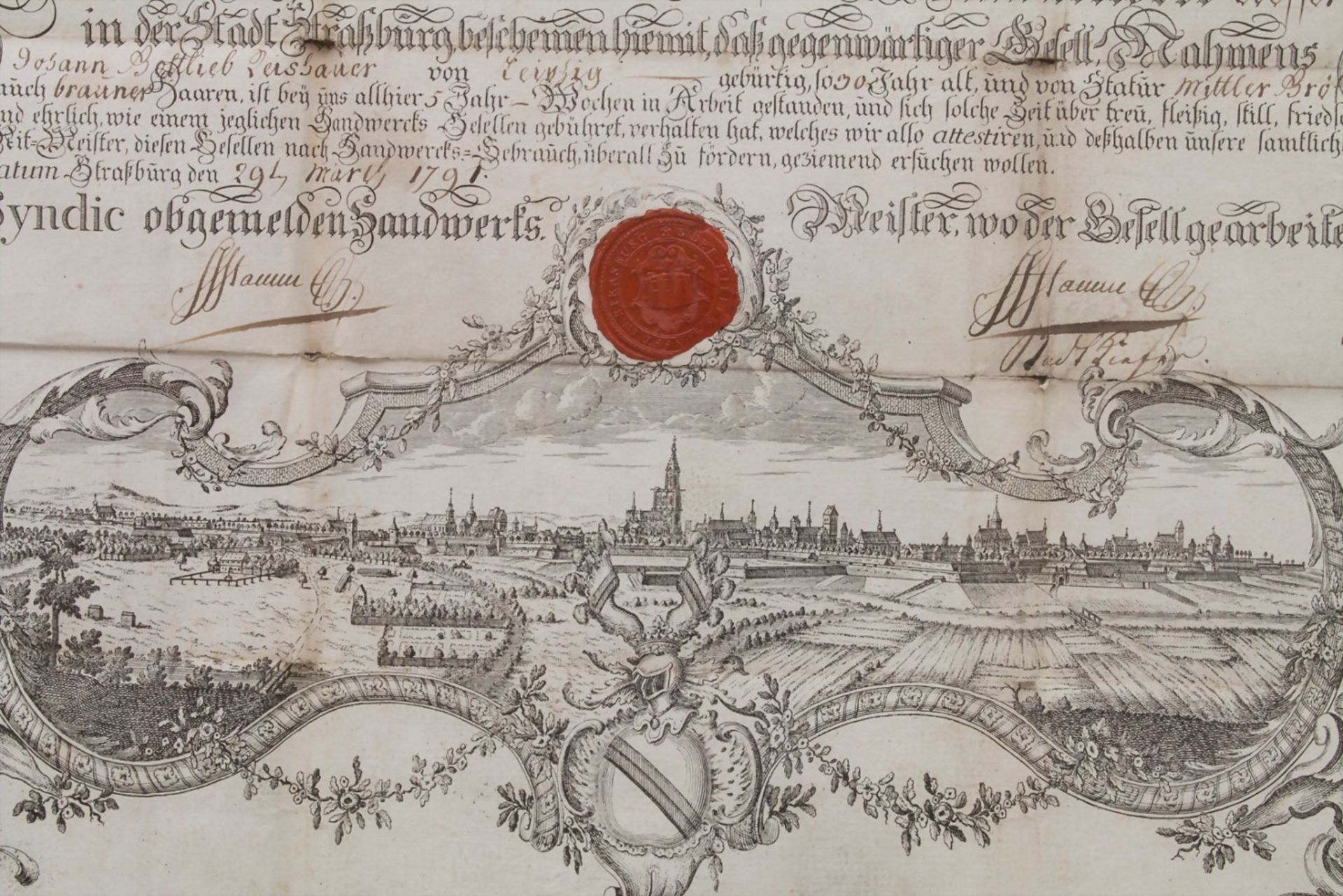 Meisterbrief der Küferzunft / master craftsman's diploma, Straßburg, 1791Technik: Kupferstich auf - Bild 3 aus 3