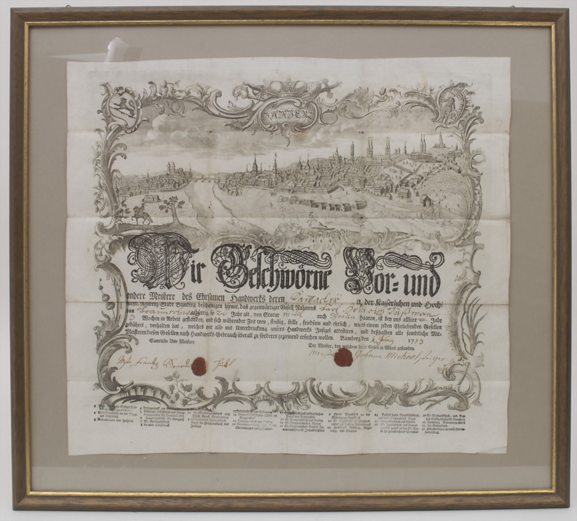 Meisterbrief mit Stadtansicht / master craftsman's diploma, Bamberg, 1773Technik: Kupferstich auf - Bild 2 aus 4
