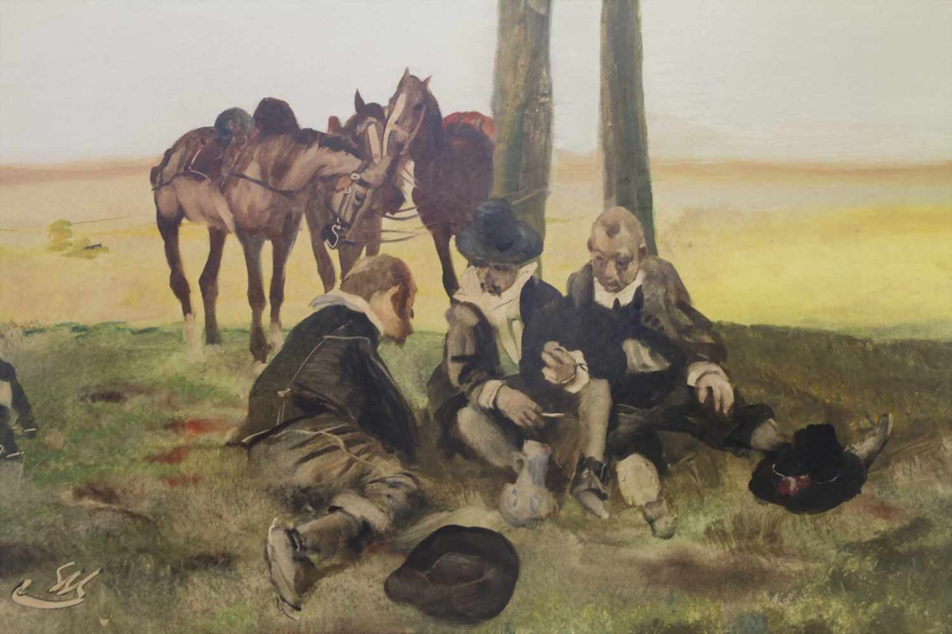 Wilhelm Schreuer (1866-1933), 'Rastende Reiter' / 'Resting horsemen'Technik: Öl auf Holz, gerahmt, - Image 4 of 6
