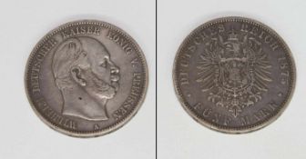 5 MarkPreussen 1875 A, Wilhelm I., Silber, ss+