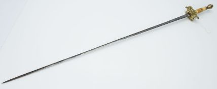 Rokoko Degenzweischneidige Klinge, Messinggefäß mit Horngriff, L. 99 cm