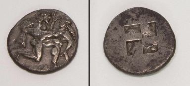 StaterThasos/ Thrakien ca. 510-480 v.Chr., Satyr entführt Nymphe, viergeteiltes Incusum, ss
