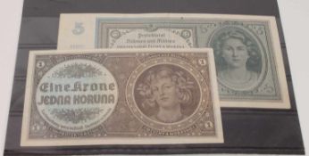 2 GeldscheineProtektorat Böhmen und Mähren, Ausgabe 1940 1 Krone (bankfrisch) und 5 Kronen (