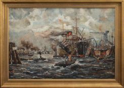 A. Berger(Norddeutscher Marinemaler d. 1. Hälfte d. 20. Jh.)Hamburger HafenÖl/ Malpappe, 67 x 98 cm,