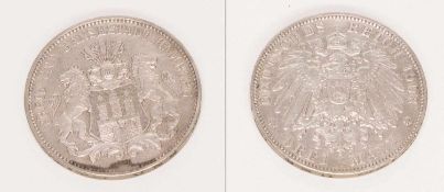 3 MarkHamburg 1908 J, Stadtwappen, Silber, vzgl.-stgl.