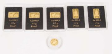 Lot Gold5 Minibarren a`0,5g Feingold u. 1 Goldmünze Kamerun 2010