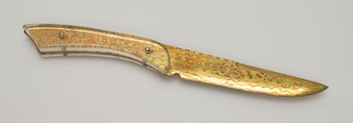 BrieföffnerKlinge in japanischer Mokume Gane Technik, Messing/ Kupfer, Kunststoffgriffschalen, L. 23