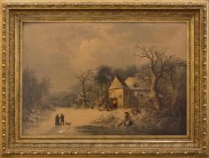 Aufwändiger Stuckrahmenmit Ölbild einer romantischen Winterlandschaft, Falzmaß 71 x 50 cm