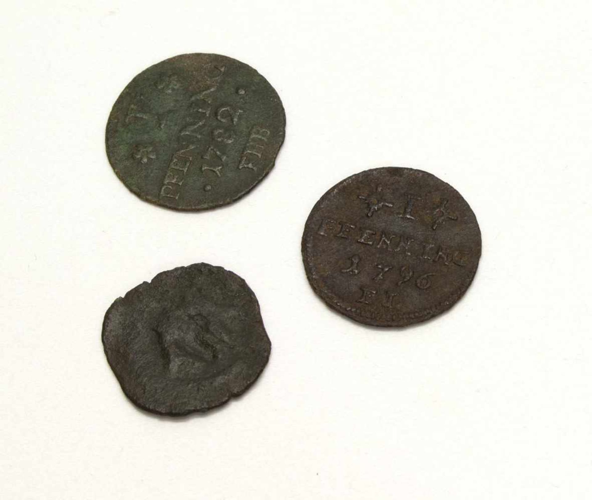 Lot3 Kupfermünzen Rostock, u.a. 1 Pfennig 1796, 1 Pfennig 1782