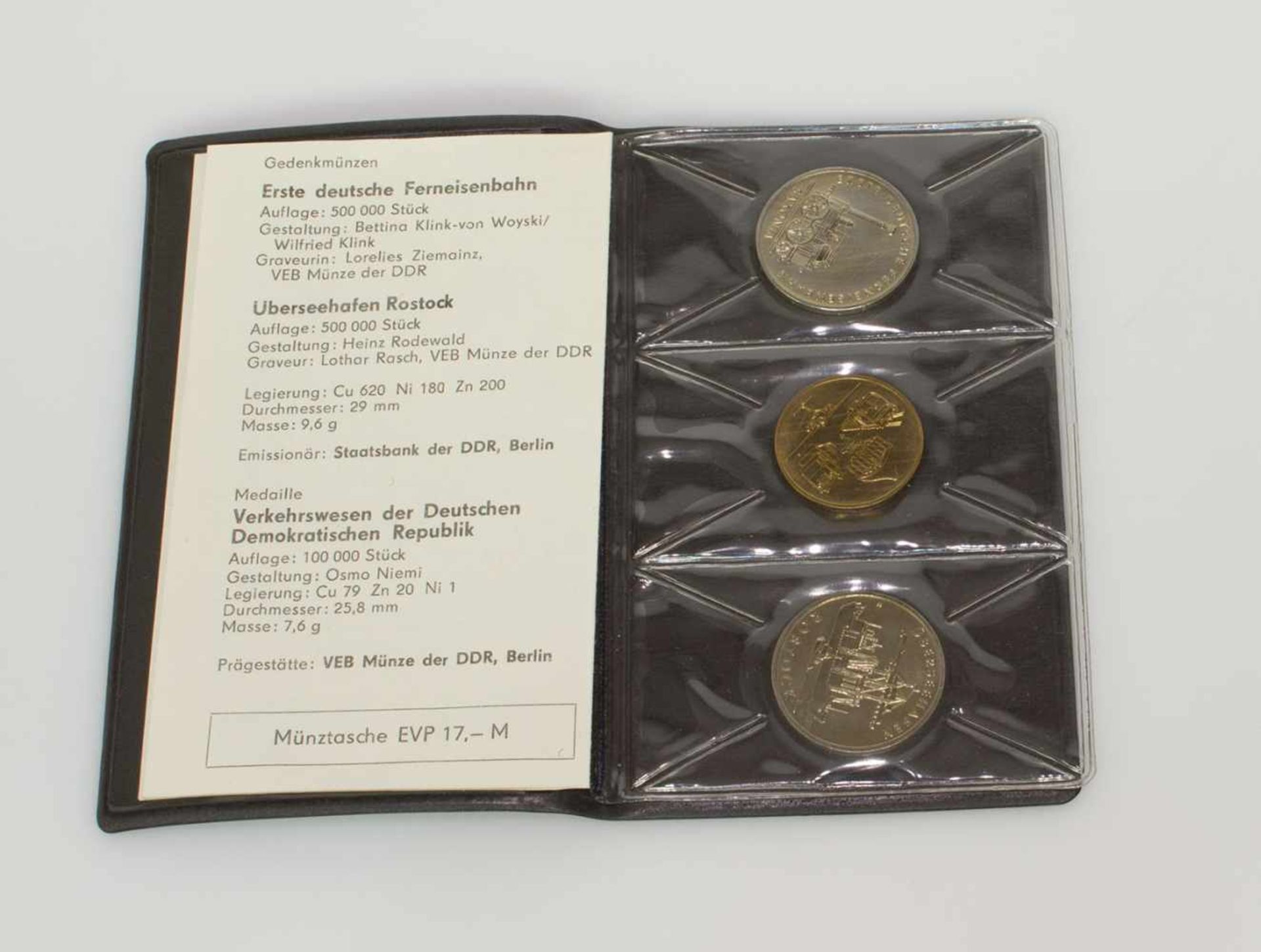 MünzmappeDDR 1988, Verkehrswesen, 2 x 5 Mark, 1 Medaille, stgl.