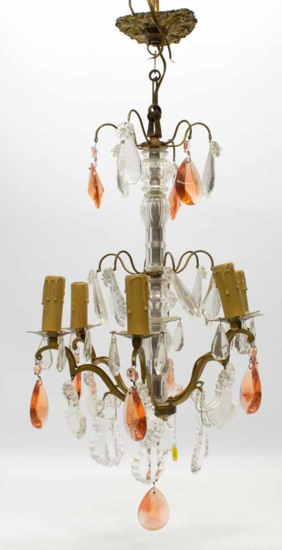 DeckenlampeFrankreich um 1940er Jahre, 6-flammig mit Kristalllüster, H. 75 cm