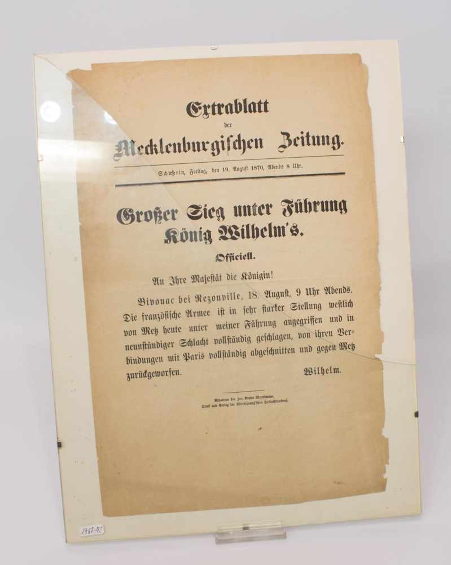 ExtrablattExtrablatt der Mecklenburgischen Zeitung von 1870, betreff des Deutsch/ Französischen