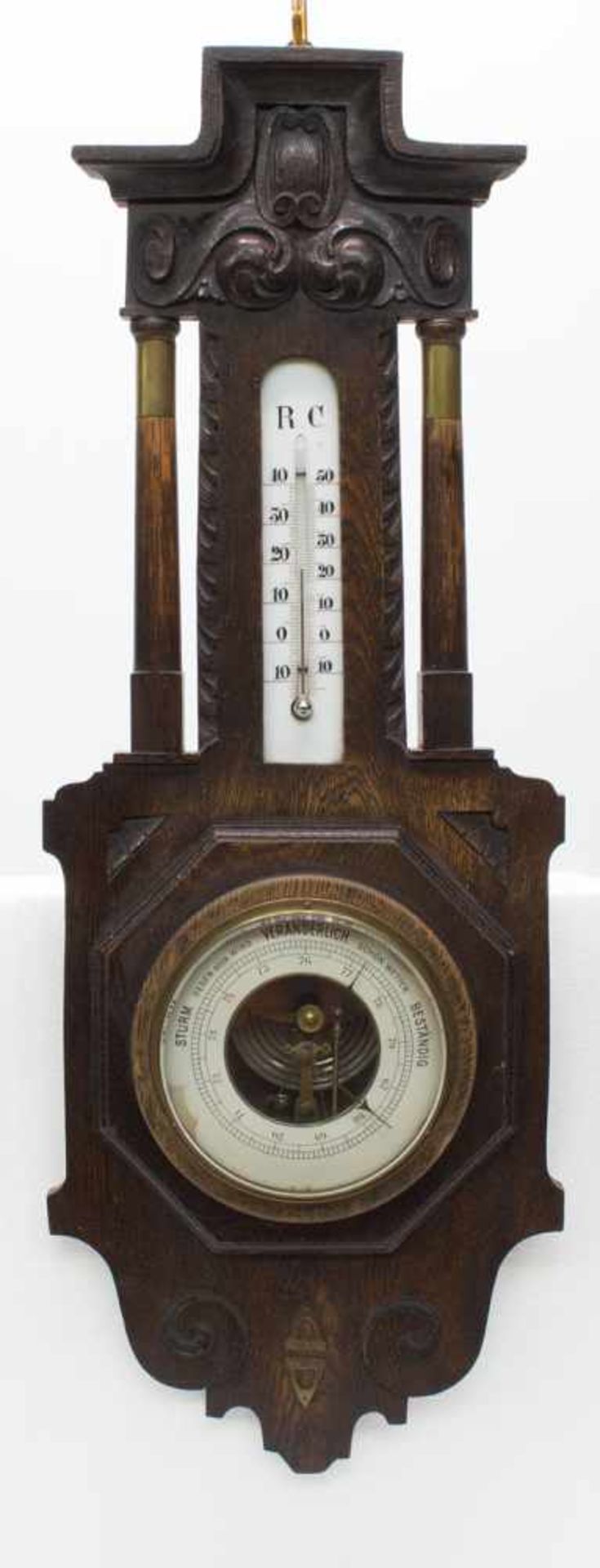 Wandbarometerdeutsch um 1915, geschnitztes Eichenbrett mit Thermometer u. Barometer, 67 x 24 cm