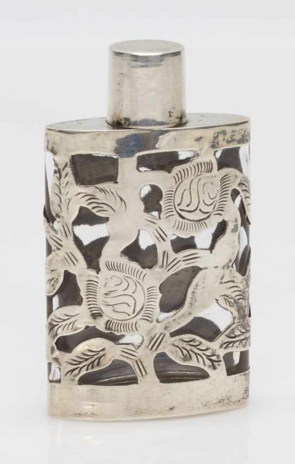 Parfumflakonum 1930er/ 40er Jahre, Glas mit 925er Sterlingsilber Ummantelung, am Boden gemarkt, H.