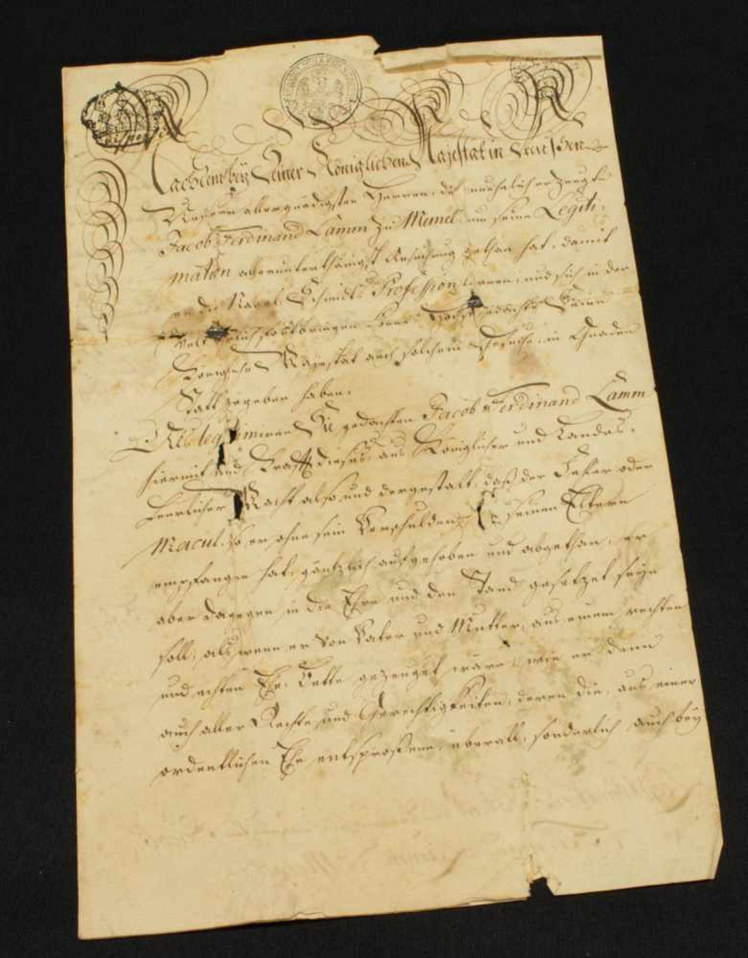LegitimationsurkundePreussen 1764, zu Gunsten Jacob Ferdinand Lamm zu Memel