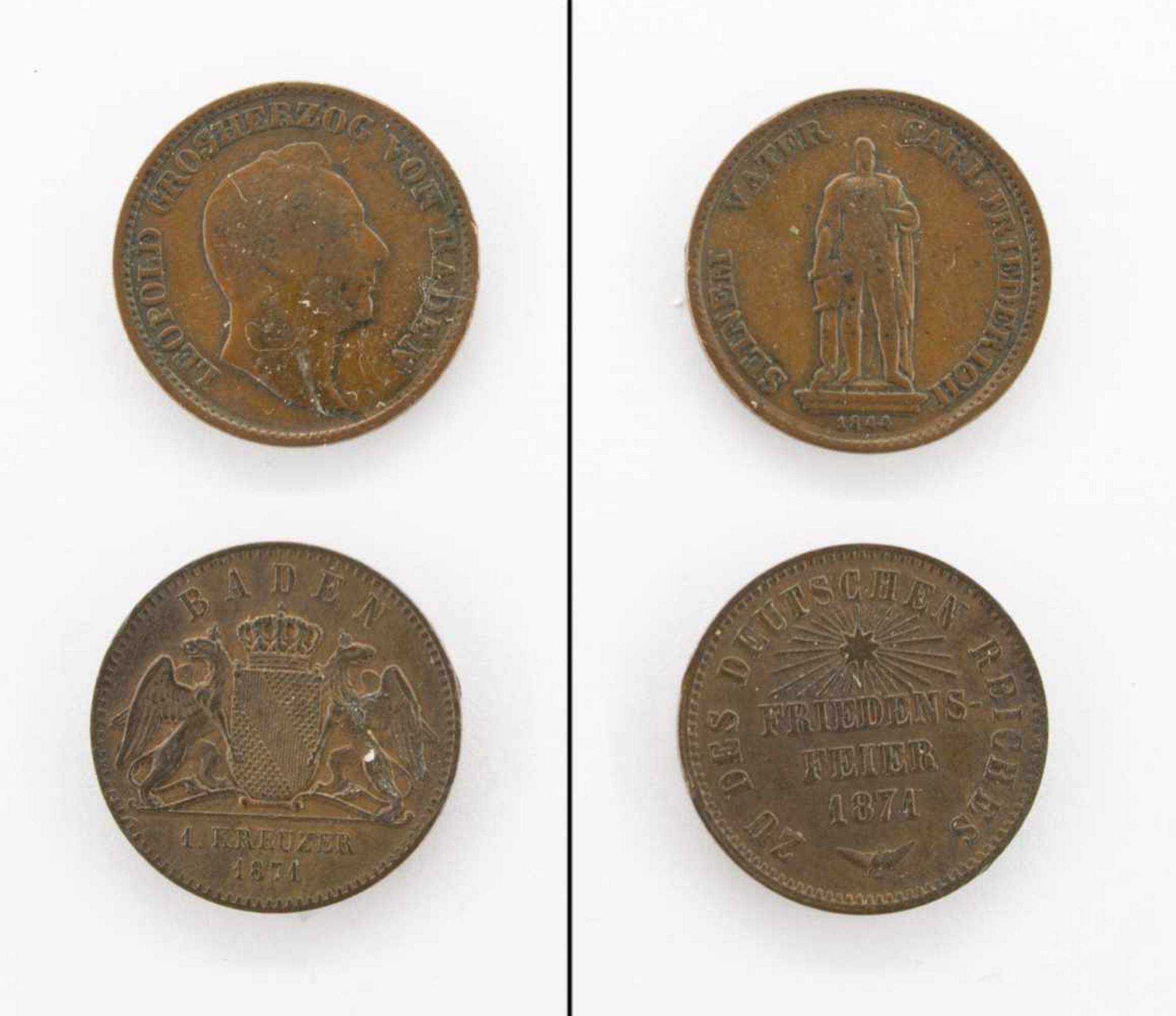 2 x 1 KreuzerBaden 1844, Leopold/ Baden 1871, Friedensfeier, ss-vzgl.