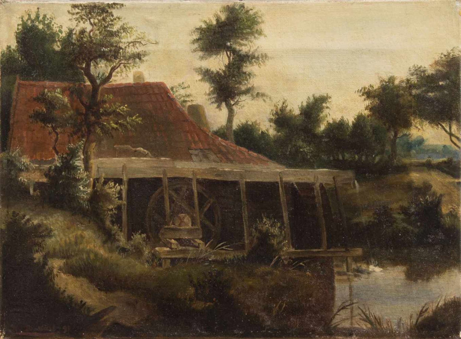 Unbekannt(Landschaftsmaler d. 19. Jh.) Wassermühle Öl/ Leinwand, 24 x 32 cm, ungerahmt,