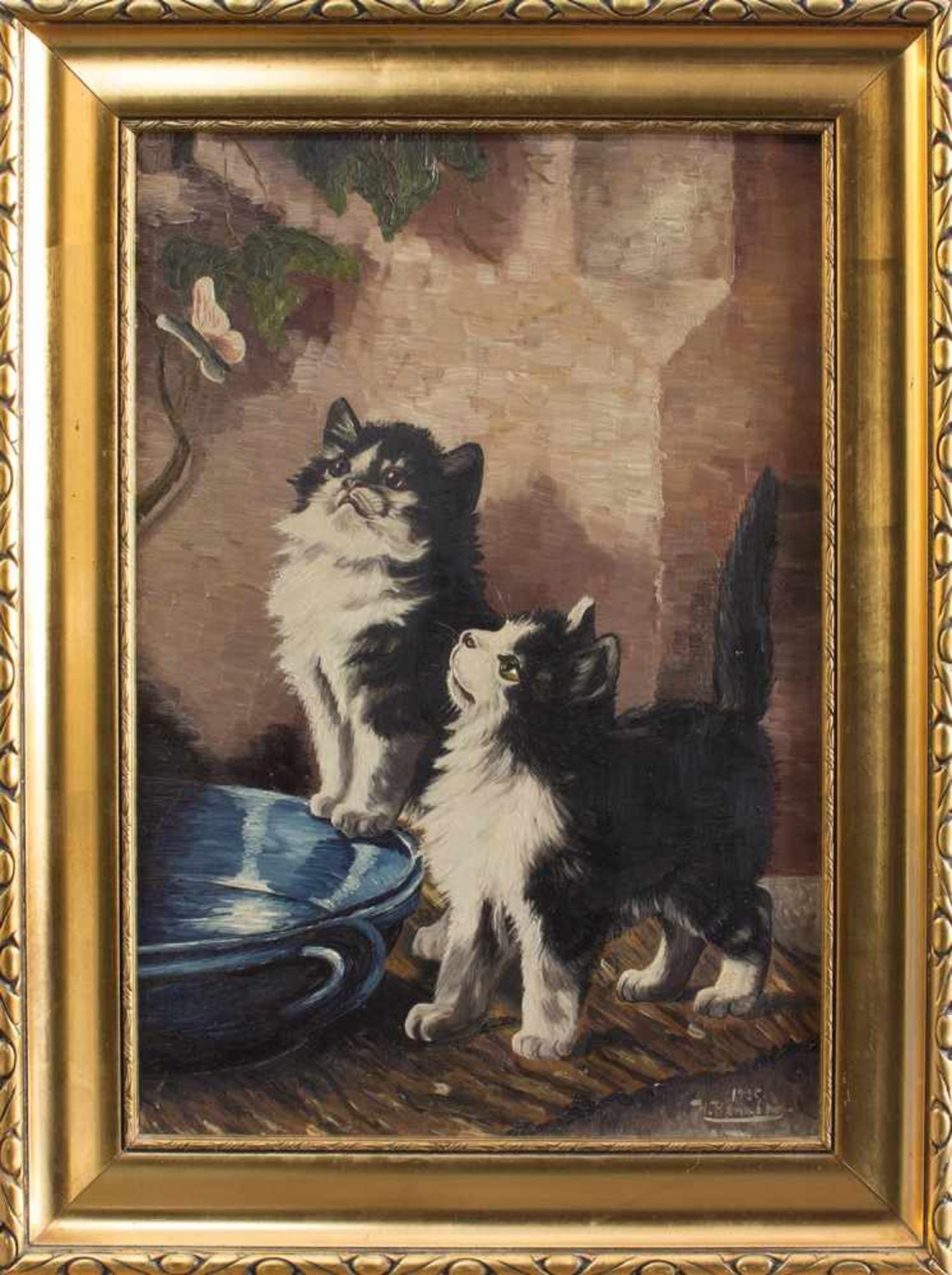 H. Henning(deutscher Tier- u. Genremaler)Neugierige KatzenkinderÖl/ Malpappe, 50,5 x 34 cm, gerahmt,