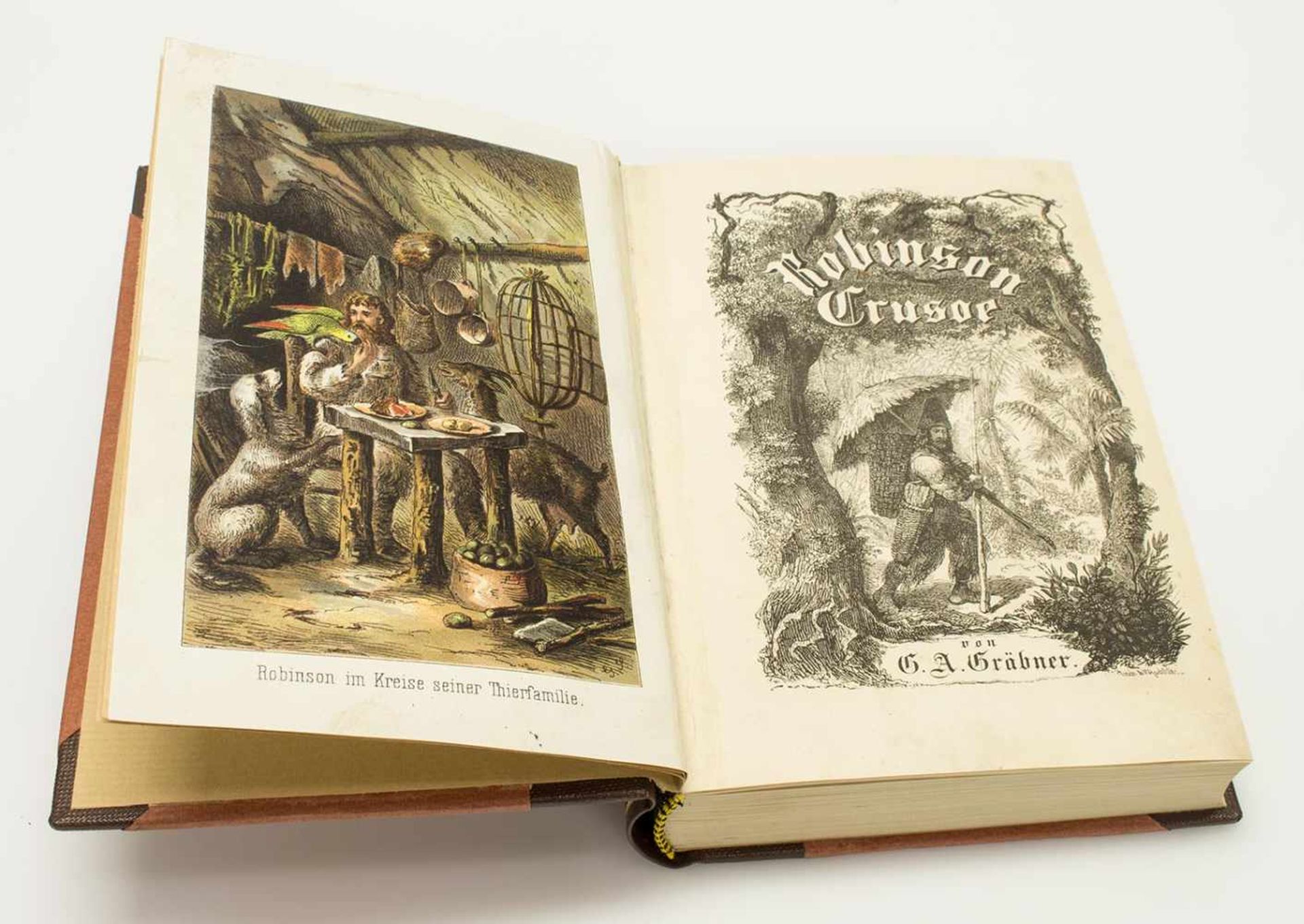 Daniel Defoe„Robinson Crusoe“, Verlag Gustav Gräbner/ Leipzig 1880, 404 S, 4 Farbendruck- u. 12