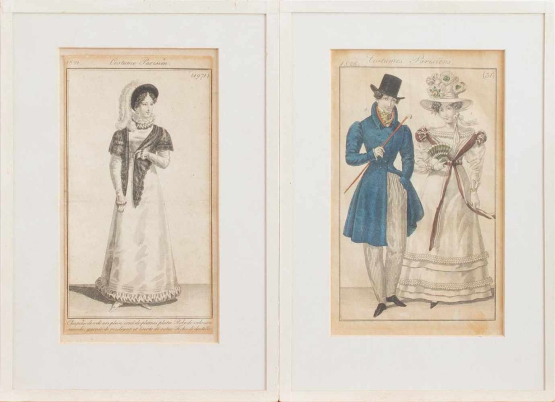 Paar Modestiche„Costume Parisiens“ 1821 u. 18252 z.T. altcolorierte Kupferstiche um 1820er Jahre,