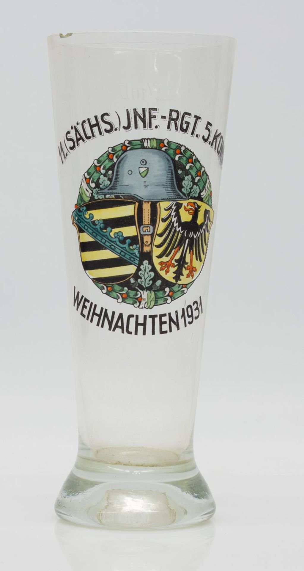 RegimentsglasSächsische Reichswehr, Aufschrift und Wappen: „11. (Sächs.) Inf.-Regt. 5. Komp.