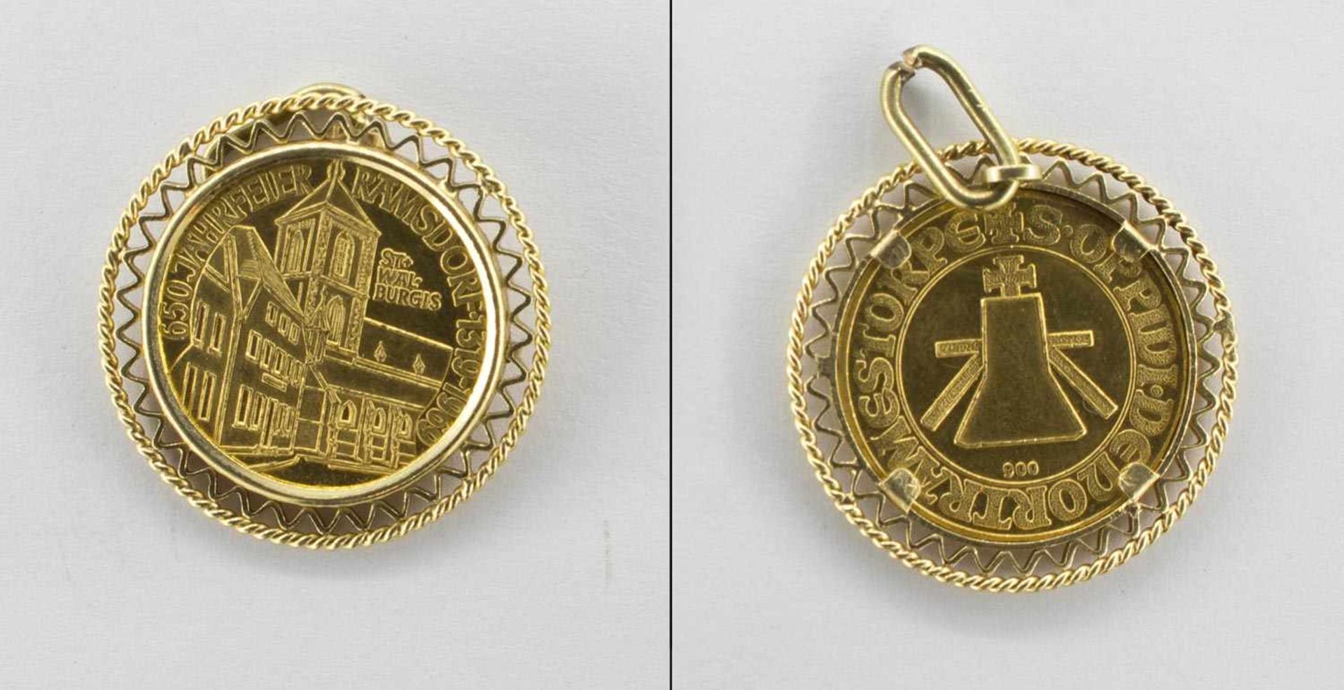 Goldmedaille„650 Jahrfeier Ramsdorf 1319 - 1969“, gefasst als Anhänger (Krappenfassung),