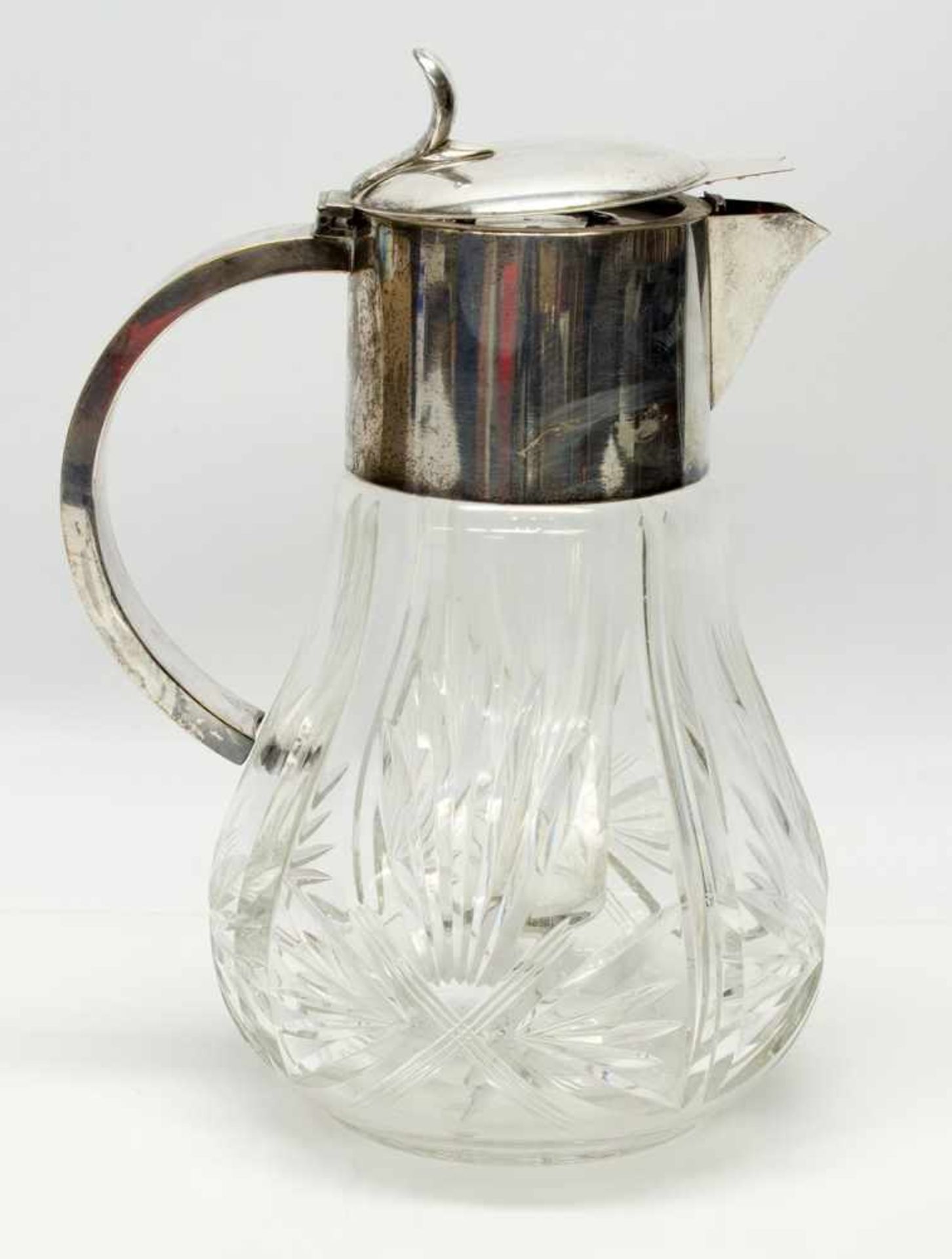 Kalte EnteKaraffe mit Kühleinsatz, handgeschliffenes Kristall - Glas versilbert, gemarkt, H. 30 cm