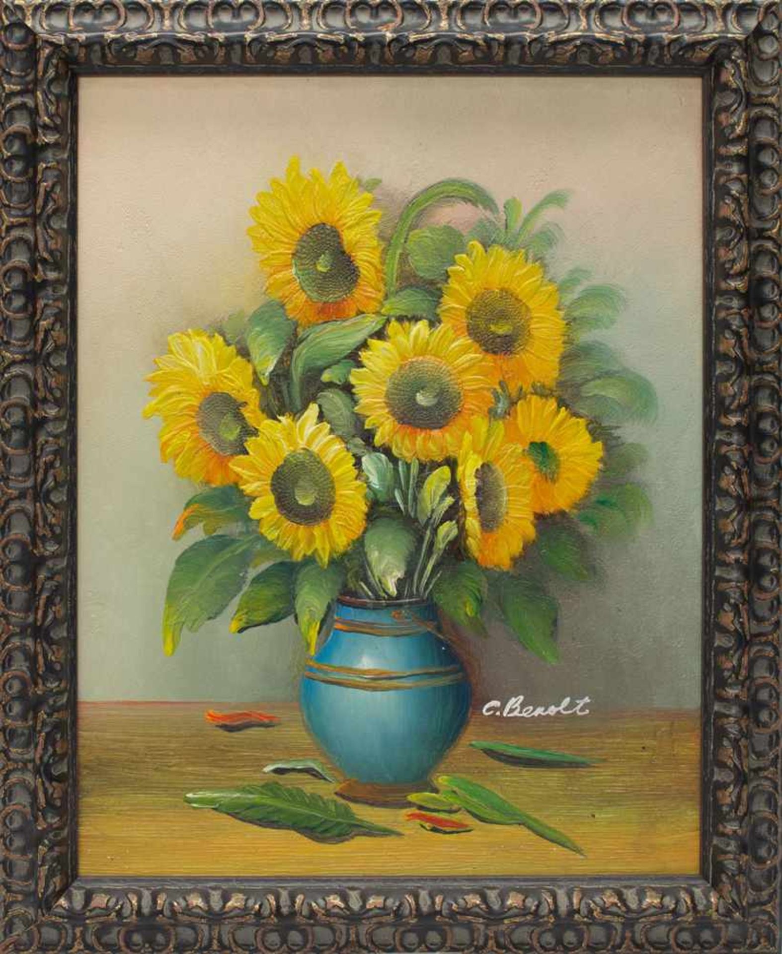 C. Benolt(Stilllebenmaler d. 20. Jh.)Sonnenblumen in blauer VaseÖl/ Malpappe, 42 x 32 cm, gerahmt,