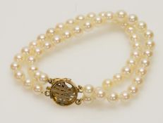 Armbandzweireihige Perlenkette, Zuchtperlen mit rosèfarbenem Lüster, einzeln geknotet, runde 14