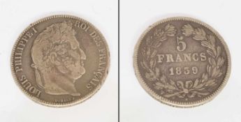 5 FrancsFrankreich 1839 W (Lille), Louis Philipp I., Silber, s+