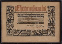 Ehrenurkundezu den Reichsjugendwettkämpfen 1929, Holzschnitt von Hans Pape, gerahmt, 21 x 32 cm