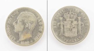 5 PesetasSpanien 1884, Alfons XII., Silber