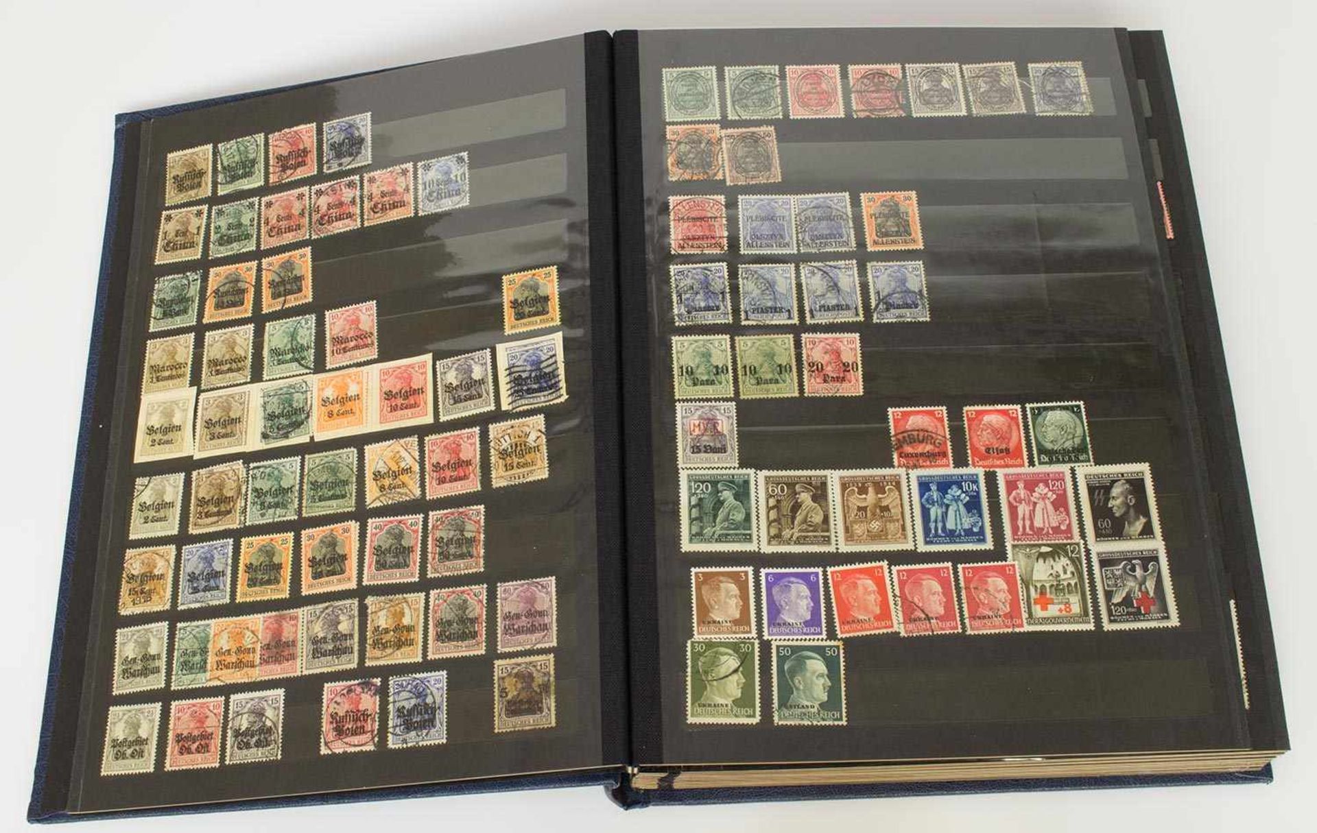 BriefmarkenalbumDeutsches Reich, Kolonien, Nachkriegsausgaben Besatzungszonen, gut gefüllt