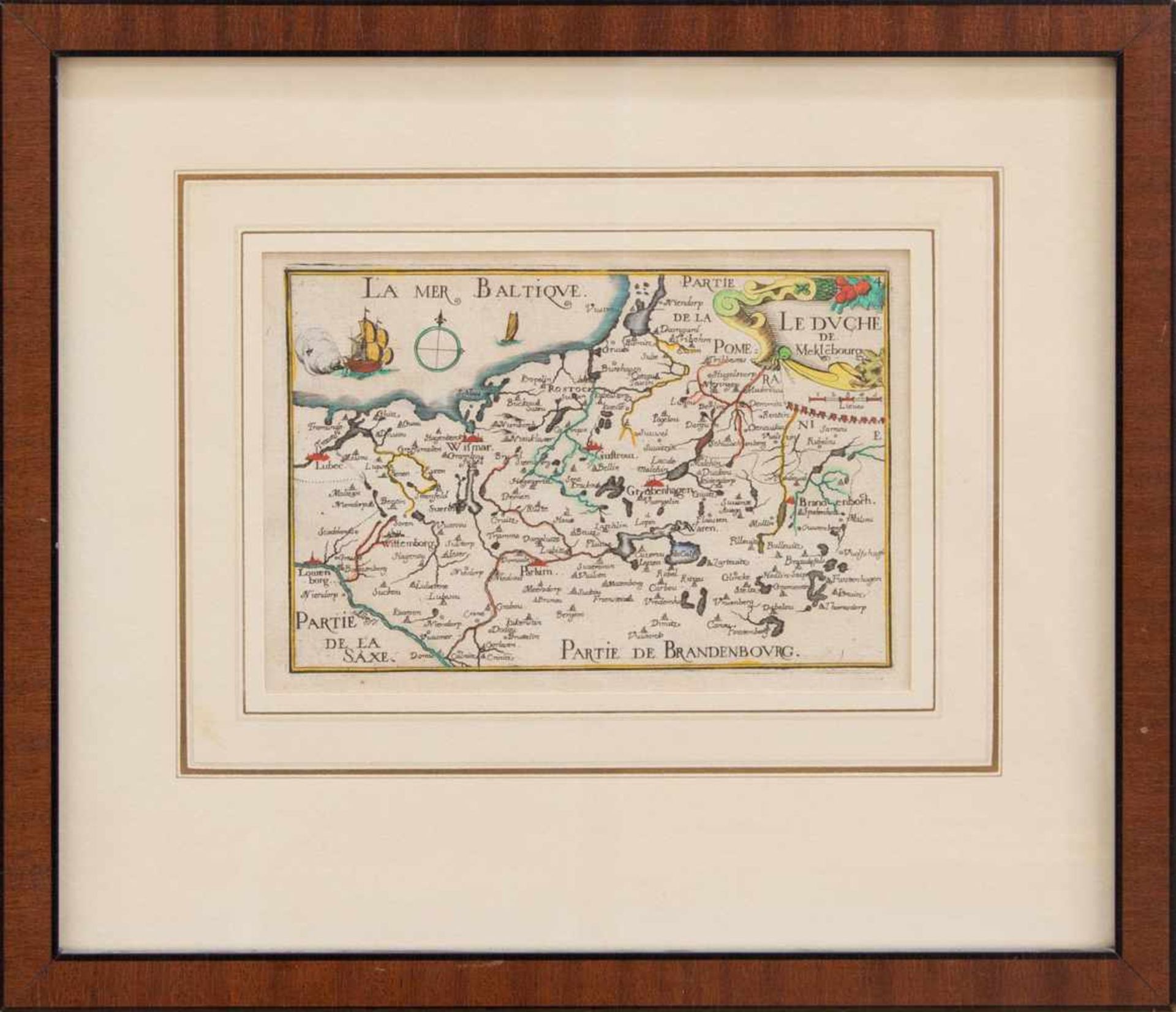 Landkarte„Le Duche de Meklebourg“, handcolorierter Kupferstich um 1650, 10,5 x 15,5 cm, gerahmt