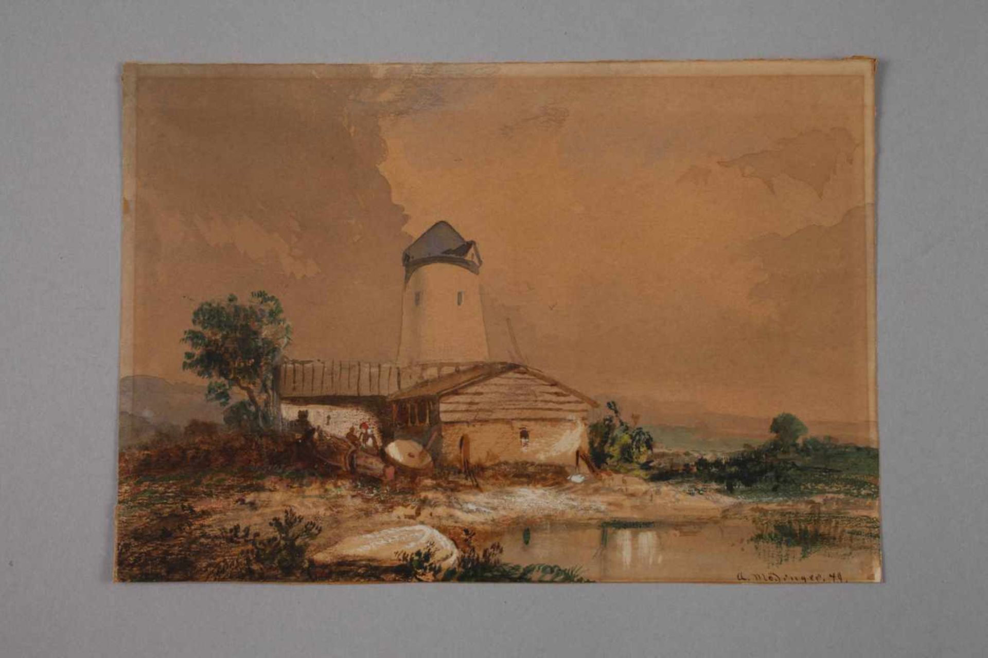 A. Mödinger, Landschaft mit Windmühleverlassene Windmühle am Ufer eines Weihers, Aquarell und - Image 2 of 3