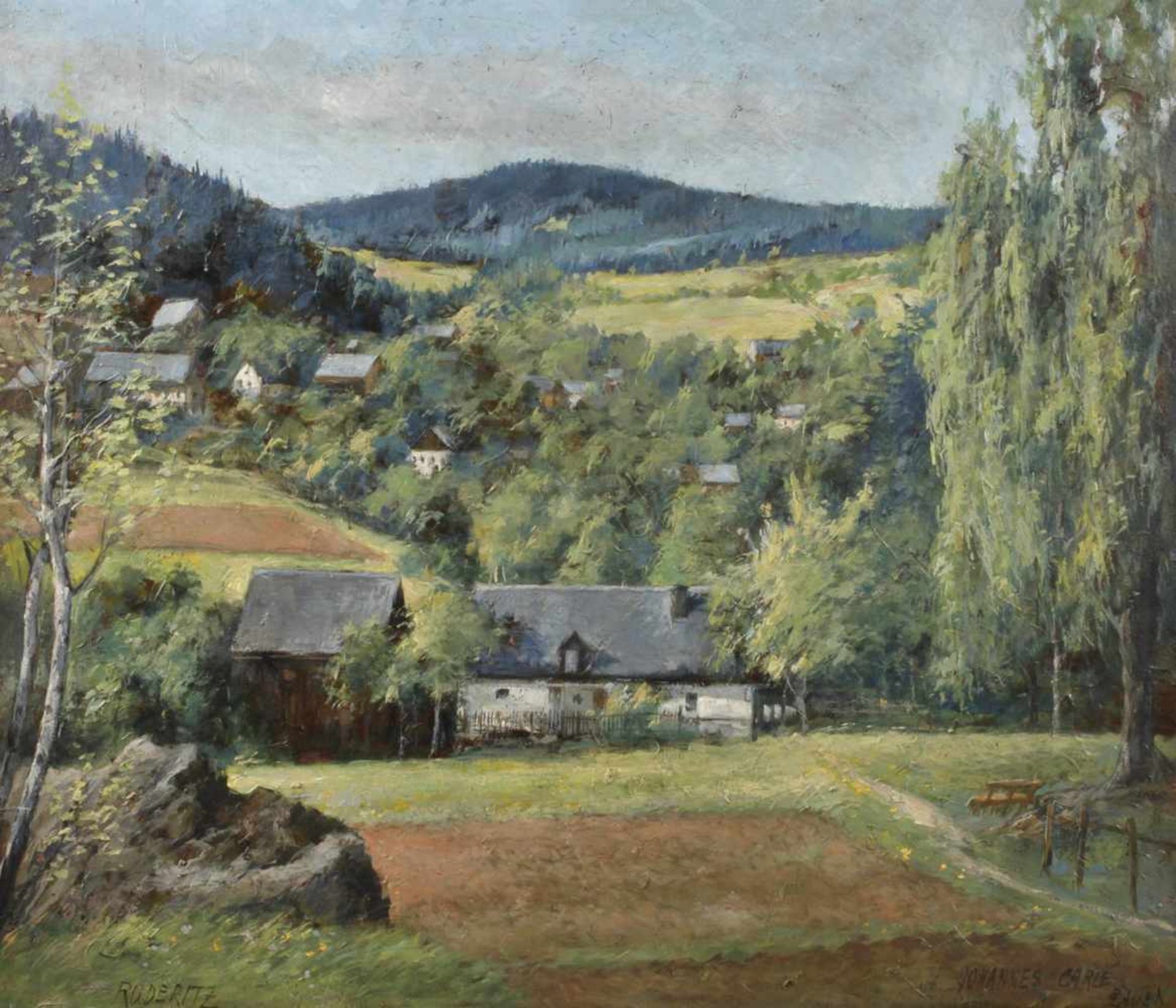 Johannes Carlé, Blick auf Ruderitzsich dem Tal hoch schlängelnde, teils von Bäumen verdeckte