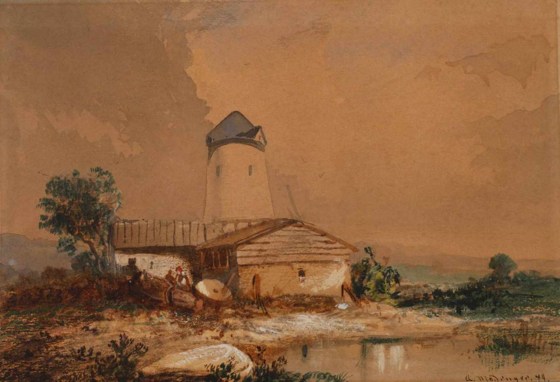 A. Mödinger, Landschaft mit Windmühleverlassene Windmühle am Ufer eines Weihers, Aquarell und