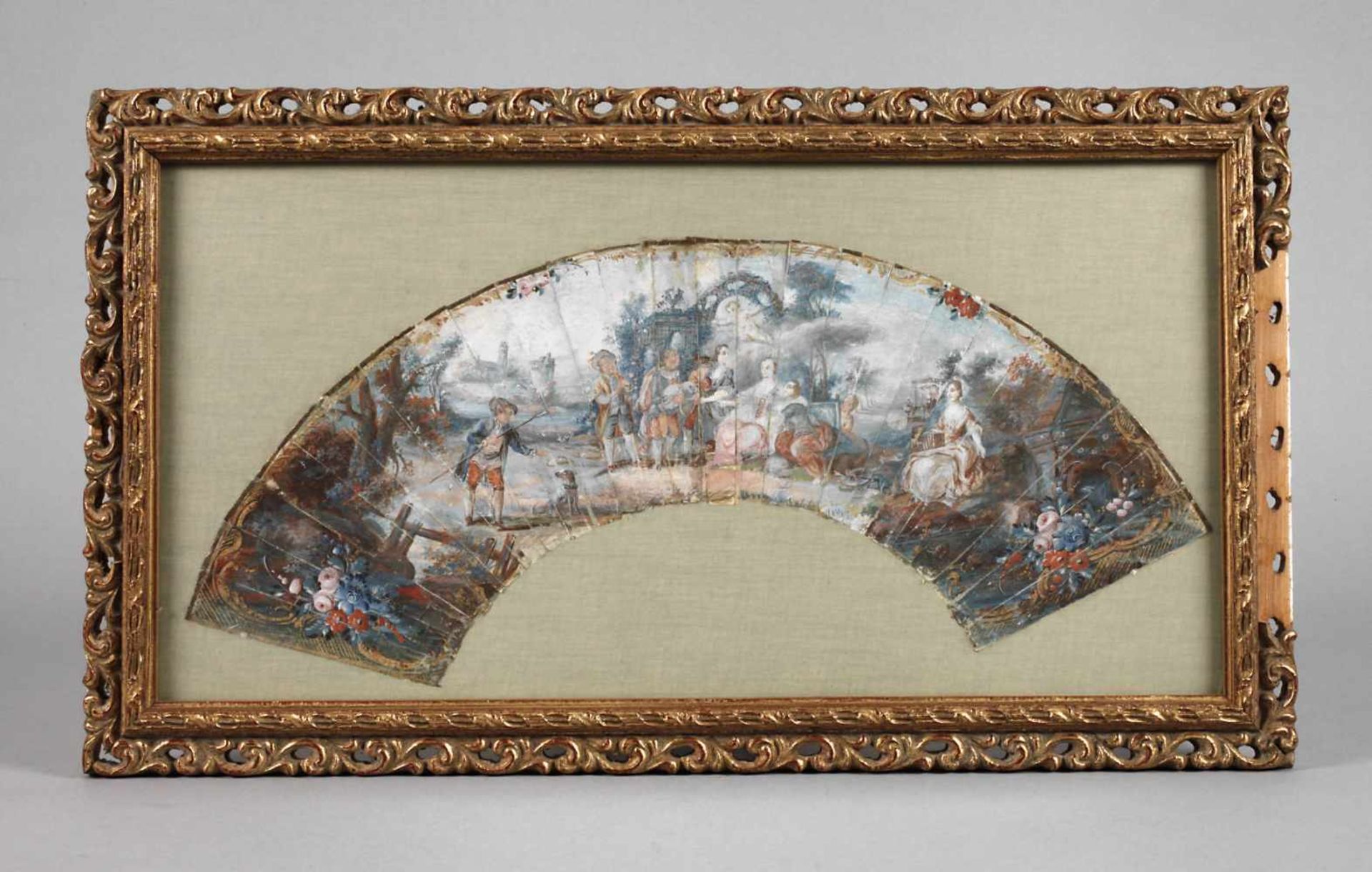 Gerahmter Fächer Rokokoum 1780, Gouache auf Papier, ungemarkt, genrehafte Darstellung einer feinen