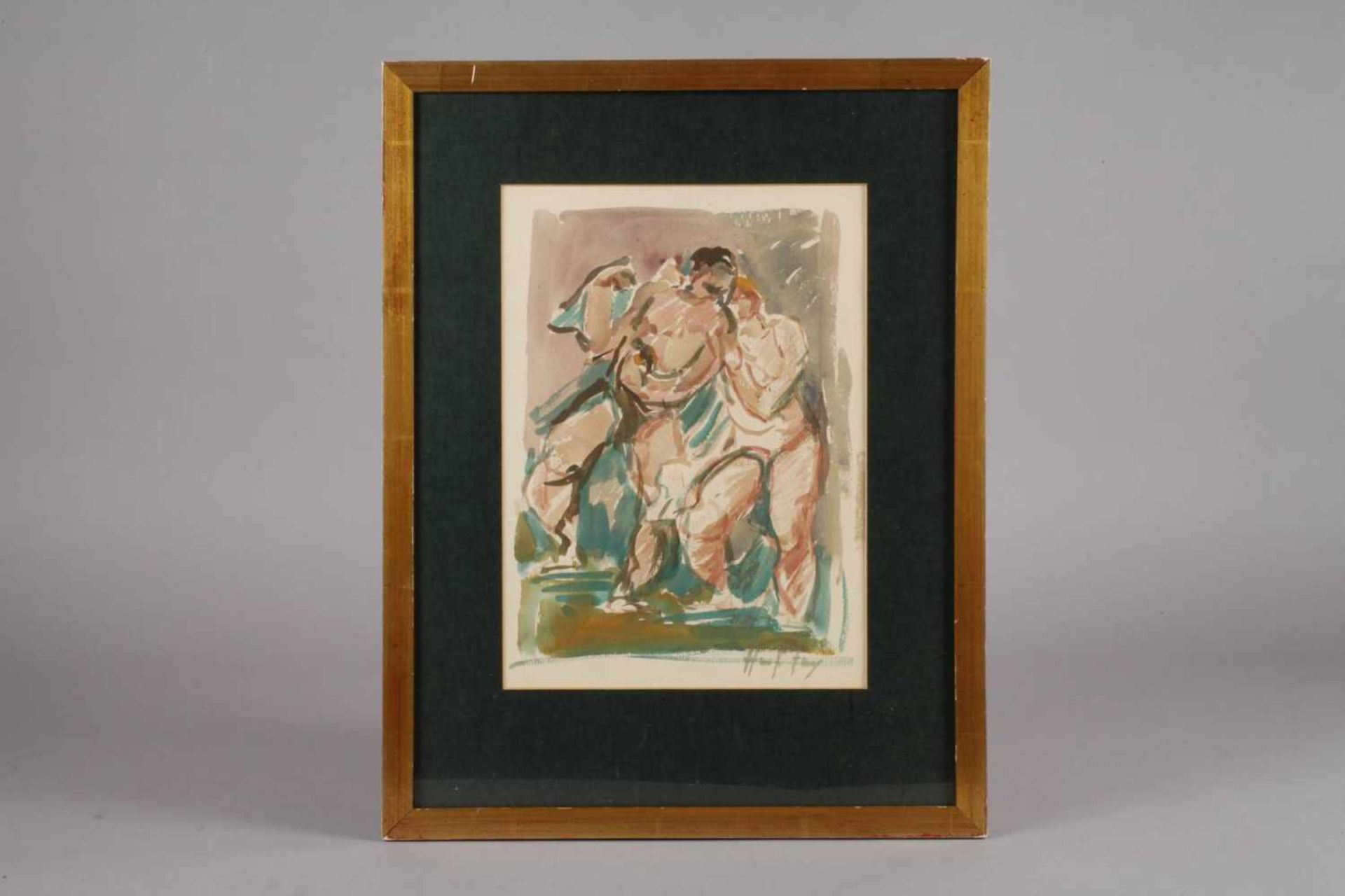 Hanns Fay, Figurenstudiezwei ringende nackte Männer vor rötlich-grünem Grund, Aquarell auf Karton, - Image 2 of 3